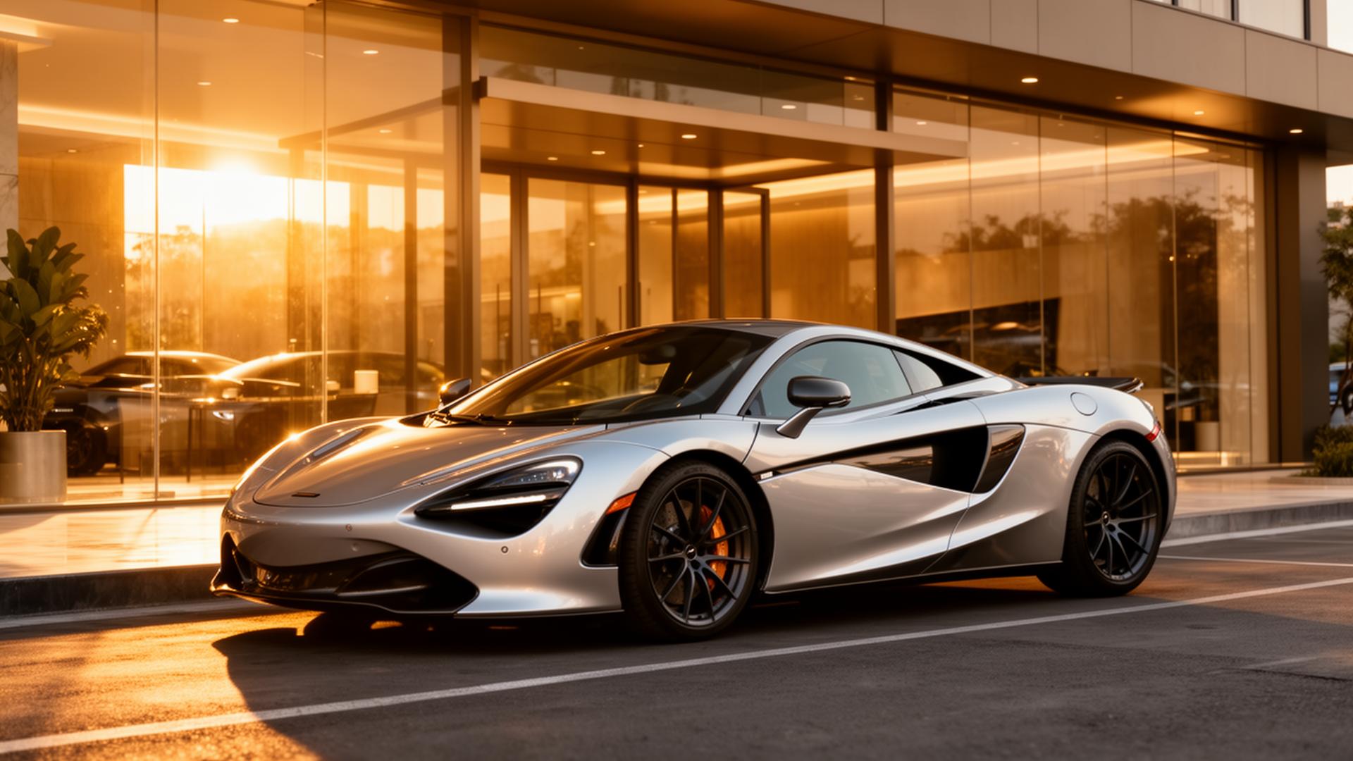 Silver McLaren supercar at a luxury showroom at golden hour